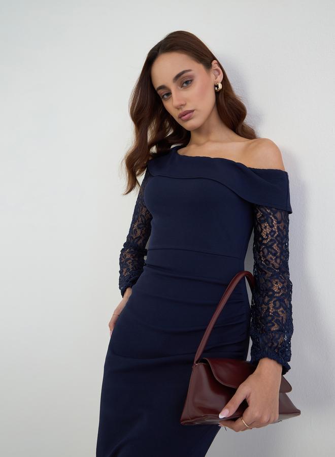 ستايلي فستان طويل شيث بكتف واحد مزين بالدانتيل - Image 2